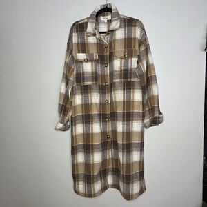 Cozy Easel Plaid Button-Down Shacket Dress– Neutral Brown/Tan Size L